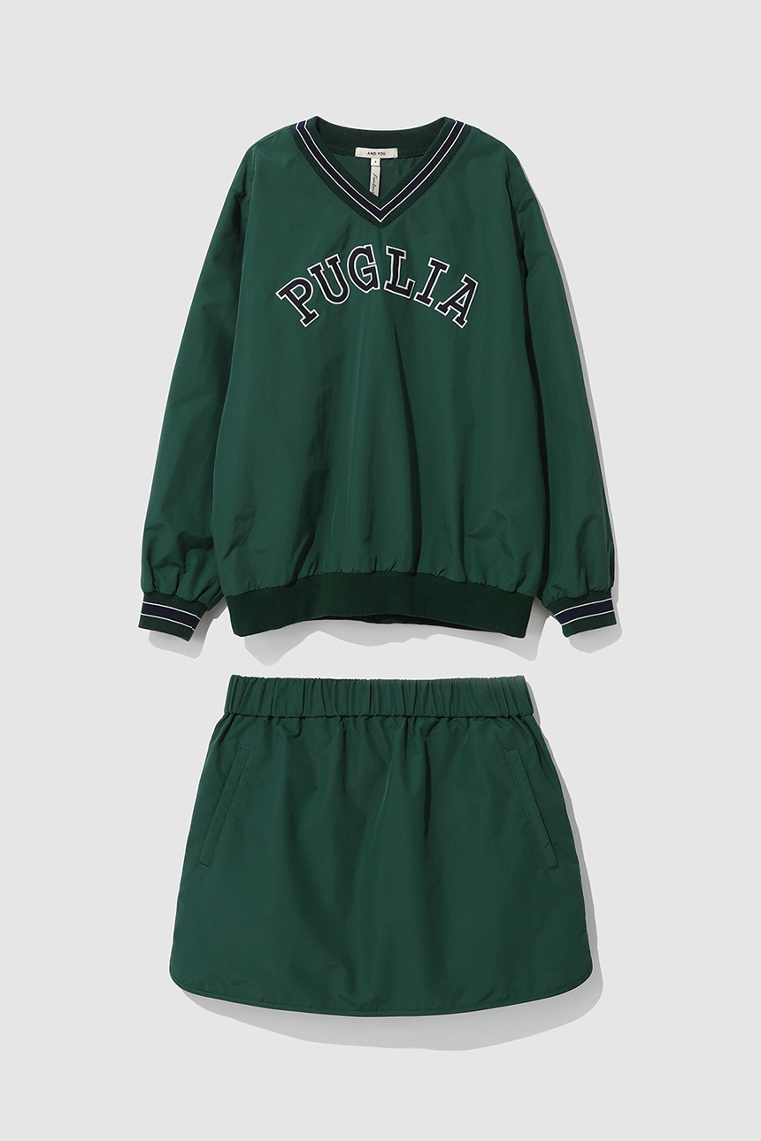 [10/4 예약배송][윤은혜 착용][SET]PUGLIA V-neck pullover windbreaker + LAZIO Banding mini skirt (Green)