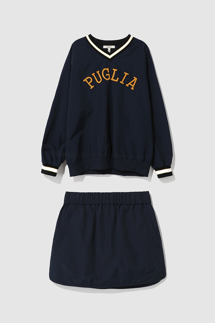 [김나영 착용][SET]PUGLIA V-neck pullover windbreaker + LAZIO Banding mini skirt (Navy)